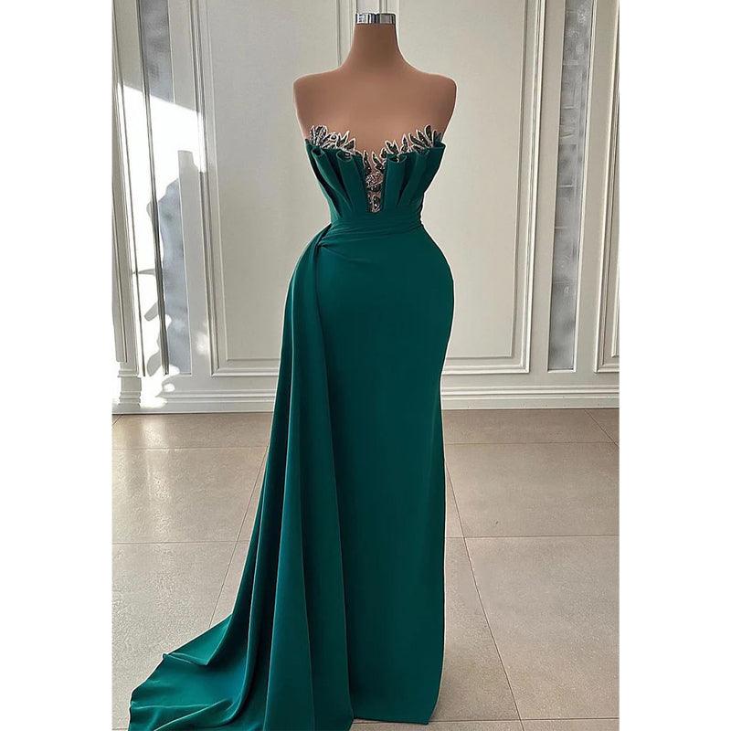 Vestido de fiesta largo sin tirantes, con cuentas y corte tubo, color verde 