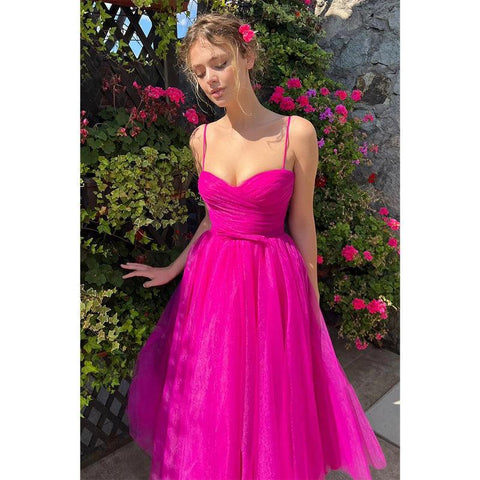 Robe de bal vintage à bretelles spaghetti et plis en tulle, longueur thé, douce 