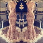 Mermaid Halter Open Back and Feather Detail Long Prom Dress