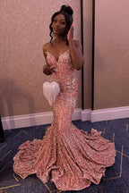 Robe de bal longue sirène à sequins fuchsia