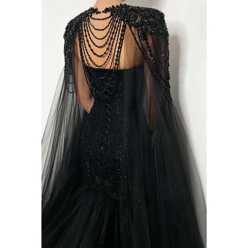 Vestido de fiesta formal de sirena negro con cuentas y escote en V profundo sexy y cola 