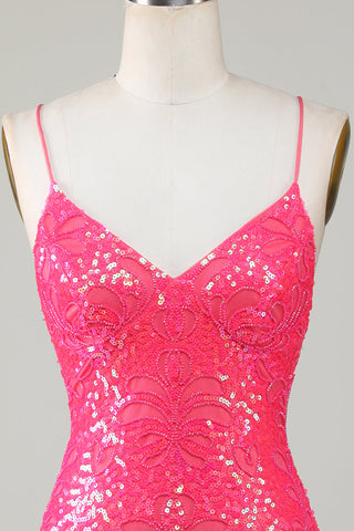 Bodycon Spaghetti Straps Pink Sequins Short Homecoming Dress with Criss Cross Back