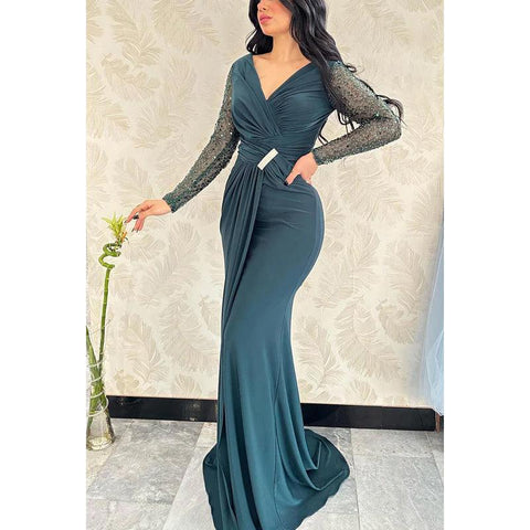 V-Neck Long Sleeves Sequined Beaded Ruched Satin Sheath Evening Dress
