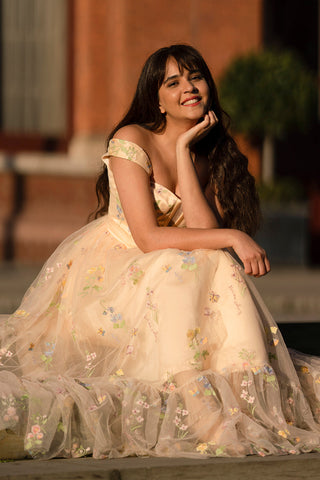 Princess A Line Sweetheart Champagne Long Prom Dress with Embroidery