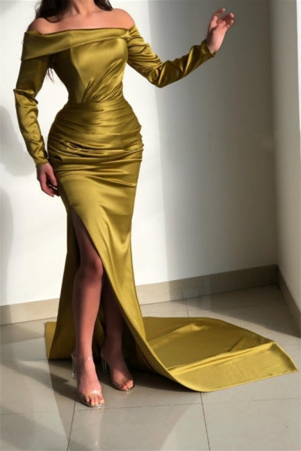 Ravissante robe de bal vert sauge à manches fendues fluides