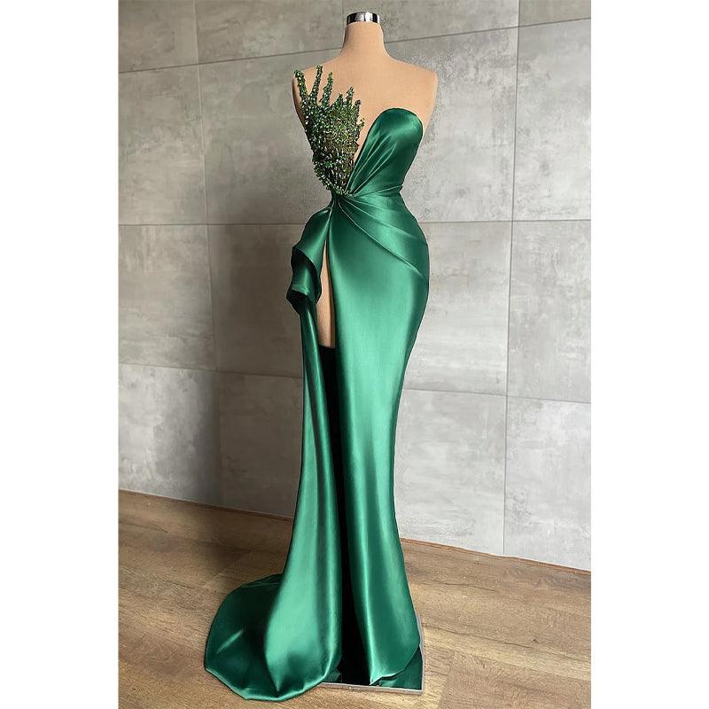 Vestido de noche largo con escote en V y encaje verde