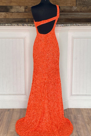 Vestido largo de fiesta rojo con lentejuelas y un solo hombro