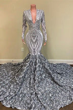 Long Sleeves V-Neck Sequins Lace Mermaid Prom Dress with Flowers Bottom
