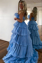 Robe de bal longue bleue tendance, sans bretelles, coupe trapèze, ornée de perles