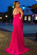 Sheath One Shoulder Fuchsia Plus Size Prom Dress with Split Front