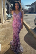 Stylish Mermaid Spaghetti Straps Pink Sequins Long Prom Dress