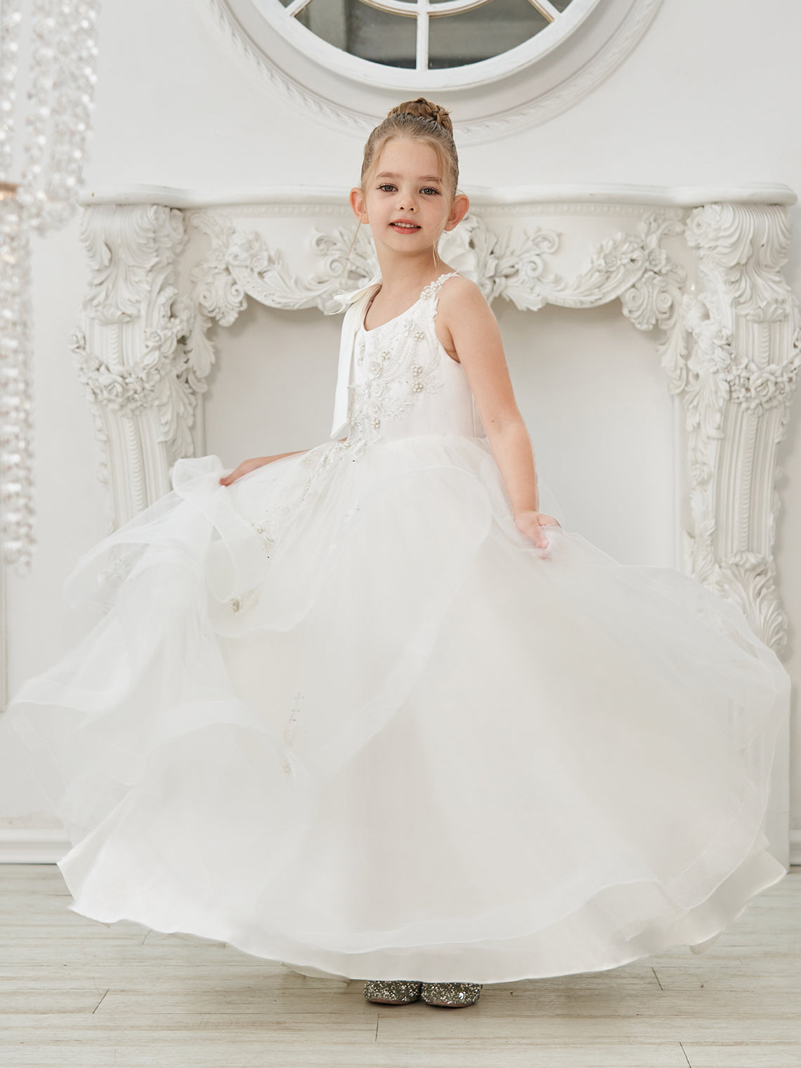 Vestido de princesa/vestido de tul hasta el suelo para niña de las flores de la primera comunión 