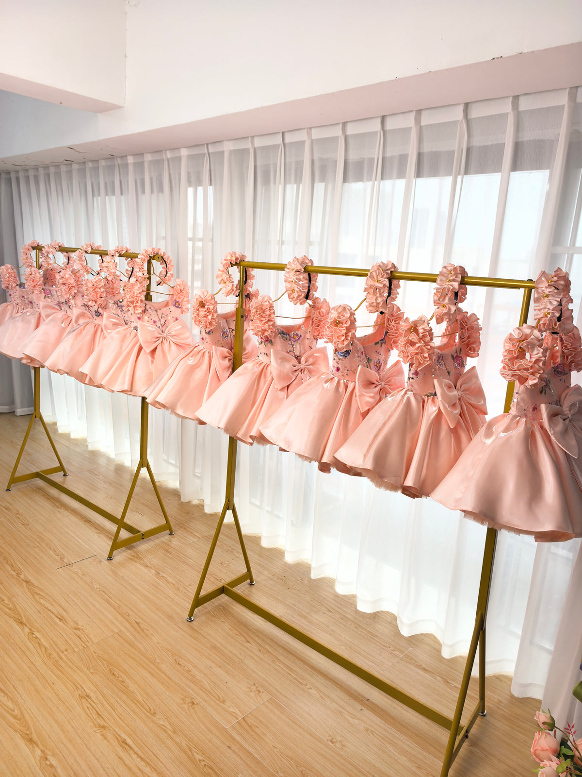 Floral Embroidery Sequins Tulle Knee-length Pink Baby Girl Dress