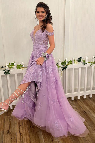 Elegant A Line Off the Shoulder Lilac Long Prom Dress with Appliques