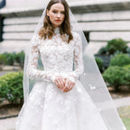Robe de mariée princesse à manches longues pour femme, romantique, en dentelle, col montant, somptueuse robe de mariée bohème ornée d'appliqués 