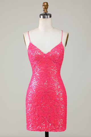 Bodycon Spaghetti Straps Pink Sequins Short Homecoming Dress with Criss Cross Back