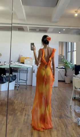 Unique Chiffon Ruffles Slit Long Prom Dress Party Evening Dress Y7497