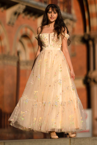 Princess A Line Sweetheart Champagne Long Prom Dress with Embroidery