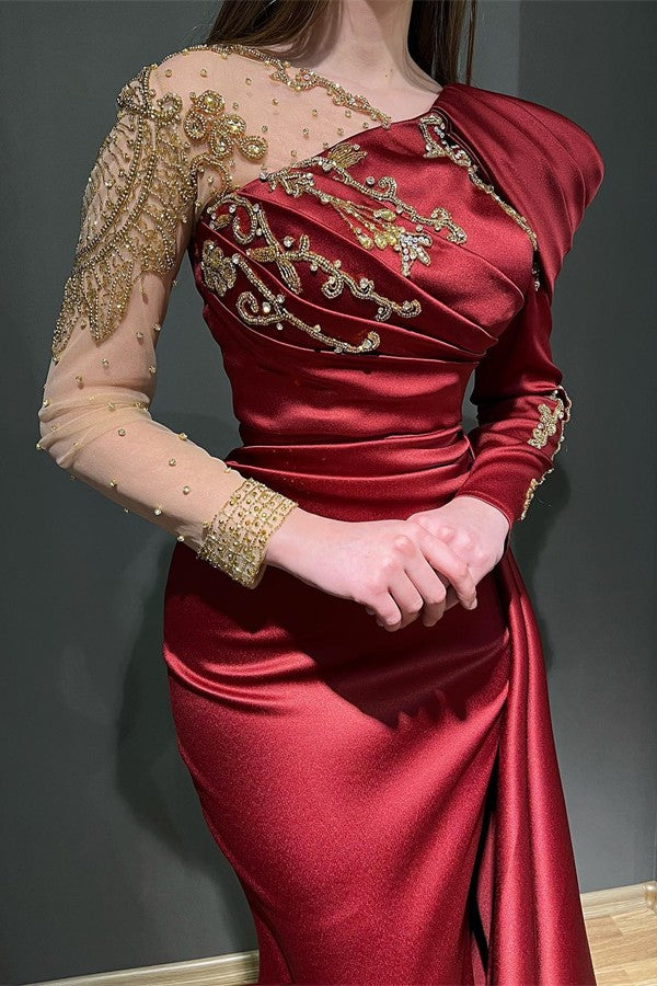 Robe de soirée sirène rouge à manches longues et perles