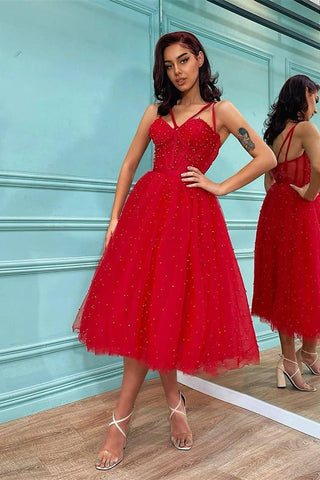 Robe de bal courte rouge trapèze en tulle dos nu à décolleté cœur