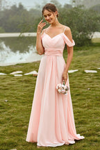 Robe de demoiselle d'honneur rose poudré à épaules dénudées