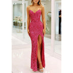Robe de soirée à paillettes, décolleté en V, sans bretelles, avec fente latérale 
