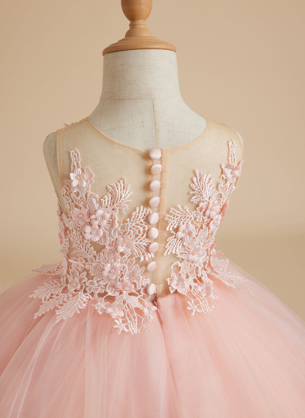 Vestido de princesa sin mangas de tul con apliques de encaje y cola corta para niñas 
