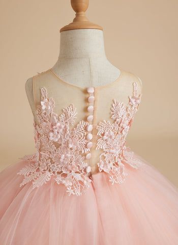 Robe de princesse sans manches en tulle avec applications de dentelle et traîne pour filles 