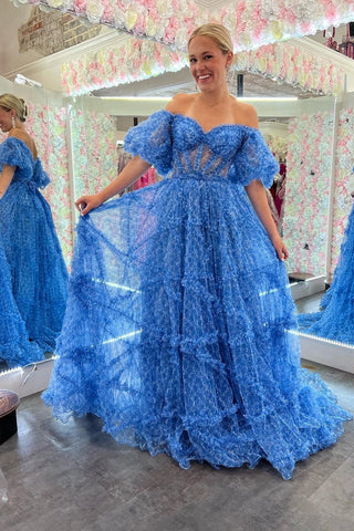 Unreal Date A Line Off the Shoulder Blue Corset Prom Dress with Short Sleeves