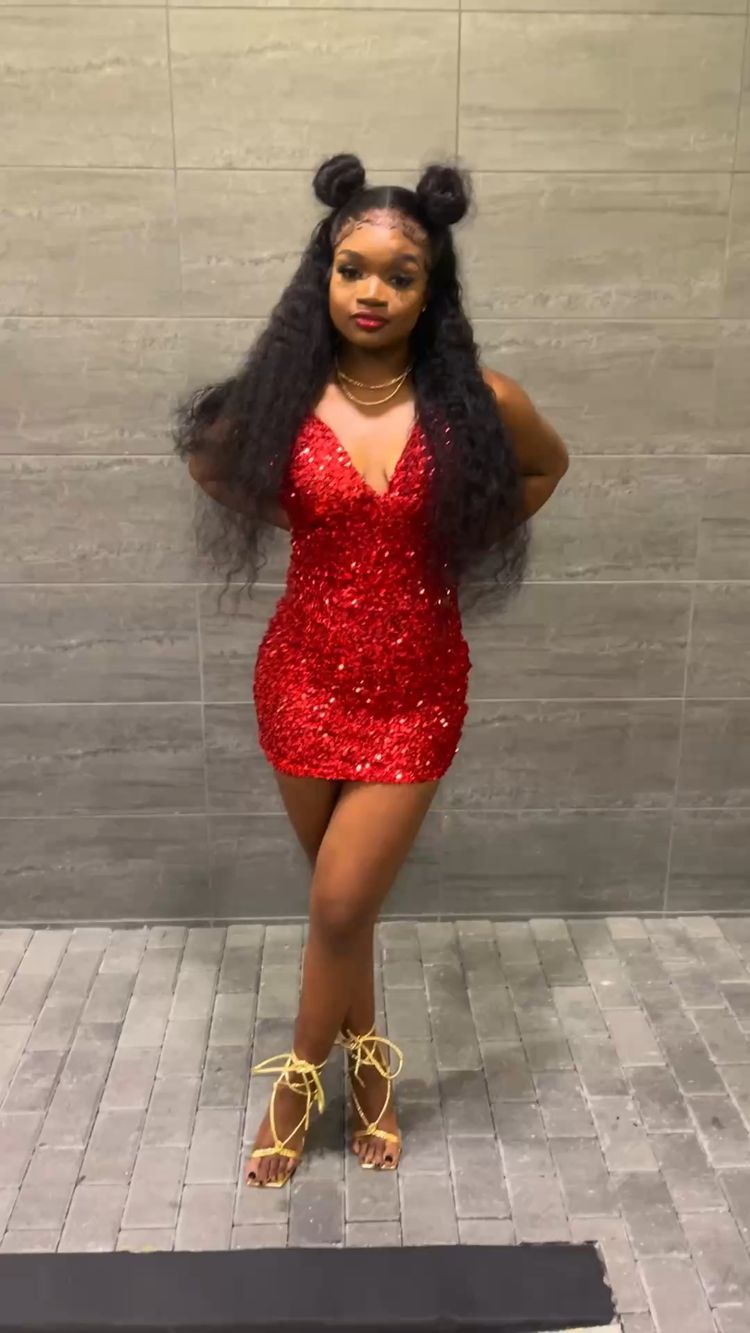 Vestido rojo de lentejuelas con escote en V para fiesta de bienvenida al 18 cumpleaños de chicas negras Y324
