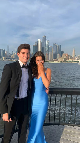 Robe de bal dos nu sirène bleu Atlantique, robe de soirée élégante Y303