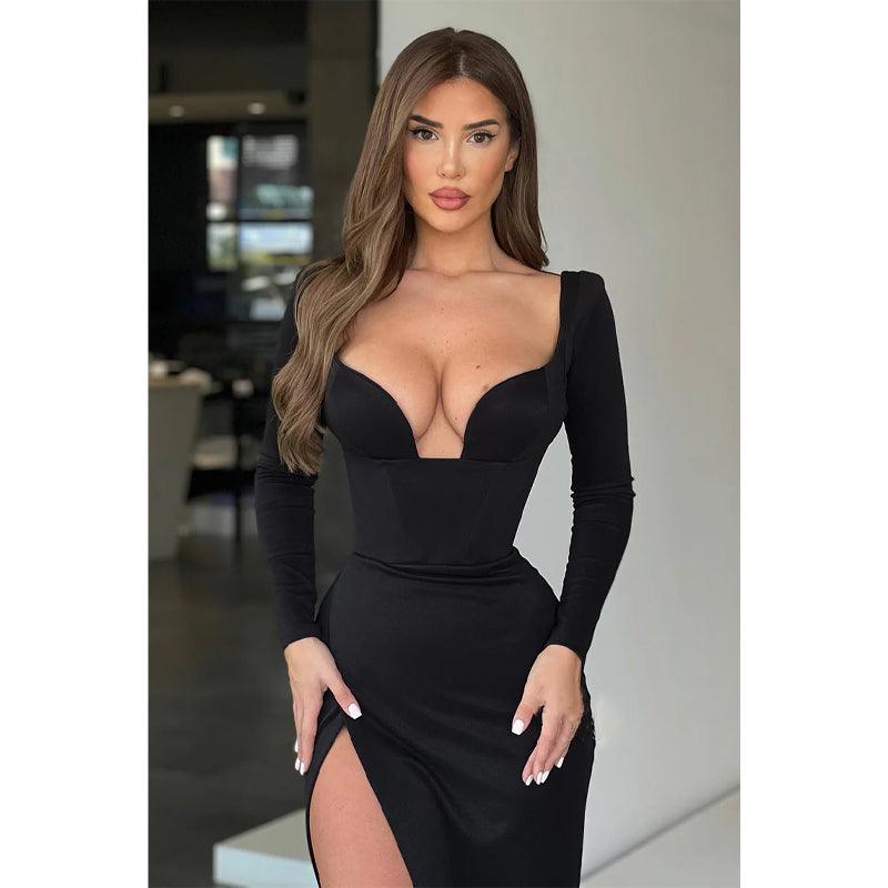 Vestidos de noche formales sexys con escote en V, abertura lateral y mangas largas 