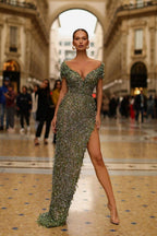 Vestido de fiesta de sirena con escote en V y hombros descubiertos, abertura alta y lentejuelas