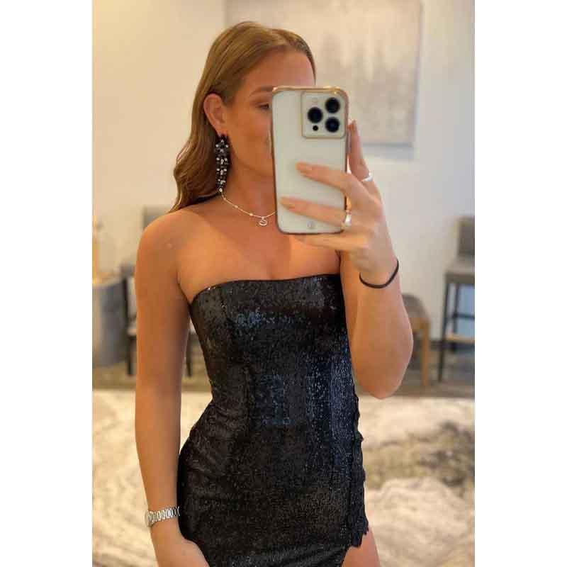 Vestido largo de noche de fiesta sin tirantes, con lentejuelas y abertura, sin mangas y sin tirantes.