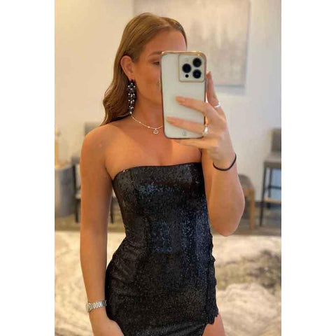 Vestido largo de noche de fiesta sin tirantes, con lentejuelas y abertura, sin mangas y sin tirantes.