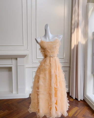 Vestido de fiesta midi de tul con tirantes finos color naranja chic Y8573