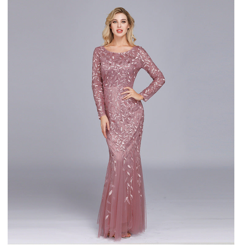 Spring Multi-Color Long Sleeve round Neck Fishtail Banquet Evening Dress for Women