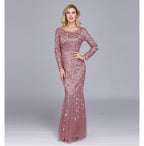 Spring Multi-Color Long Sleeve round Neck Fishtail Banquet Evening Dress for Women