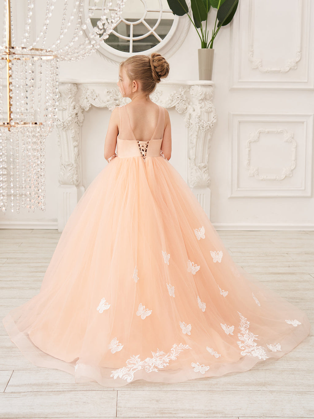 Elegante vestido de princesa sin mangas de tul para niña de las flores, corte en A 