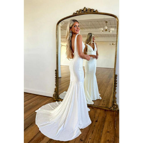 Plunging V Neck Beads Mermaid Long Prom Dress