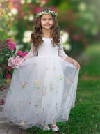 Vestido de niña de las flores de jardín, de tul bordado con encaje floral, corte en A y largo hasta el suelo 