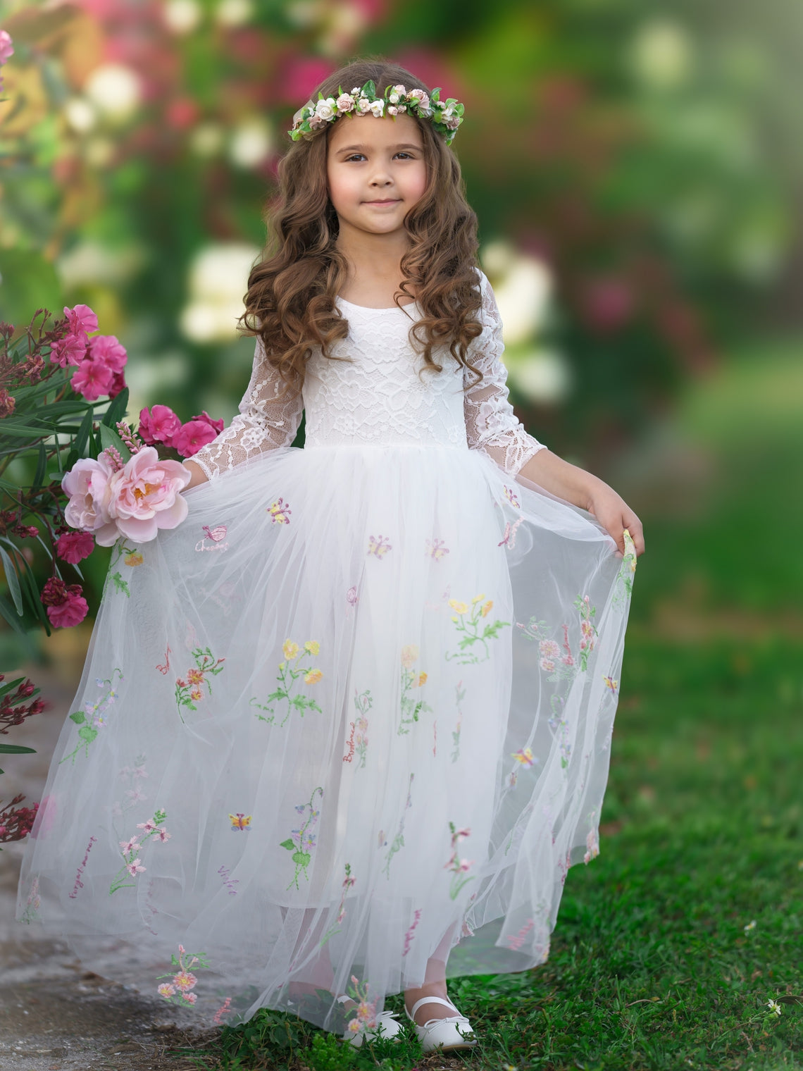 Vestido de niña de las flores de jardín, de tul bordado con encaje floral, corte en A y largo hasta el suelo 