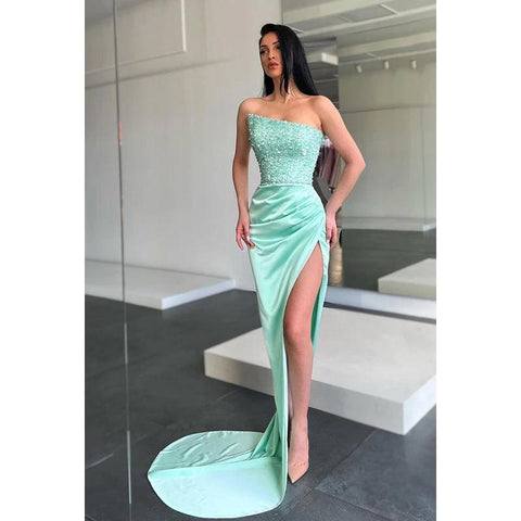 Vestido largo de fiesta sin tirantes, con lentejuelas, fruncido y corte sirena con abertura