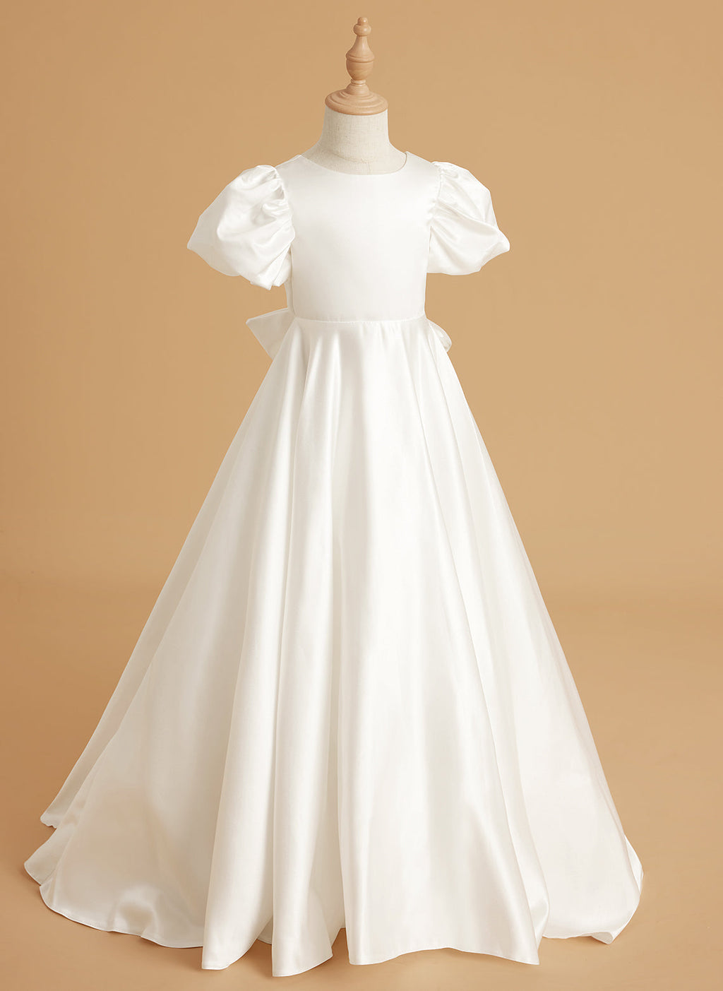 Vestido de niña de las flores con mangas abullonadas, lazo, botones en la espalda y cola de barrido 