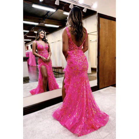 Robe de soirée longue fourreau à col en V et fente