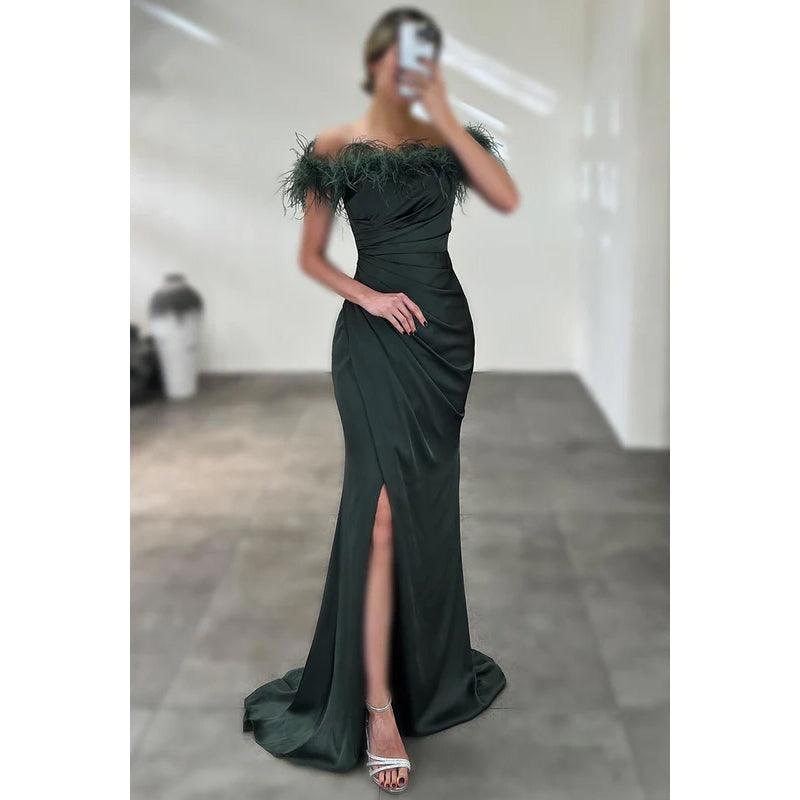 Robe de bal formelle simple et décontractée à épaules dénudées et manches courtes froncées avec fente latérale