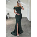 Robe de bal formelle simple et décontractée à épaules dénudées et manches courtes froncées avec fente latérale