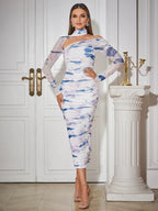 Open back hanging neck sexy long sleeved printed pleated long buttocks wrapped party evening dress