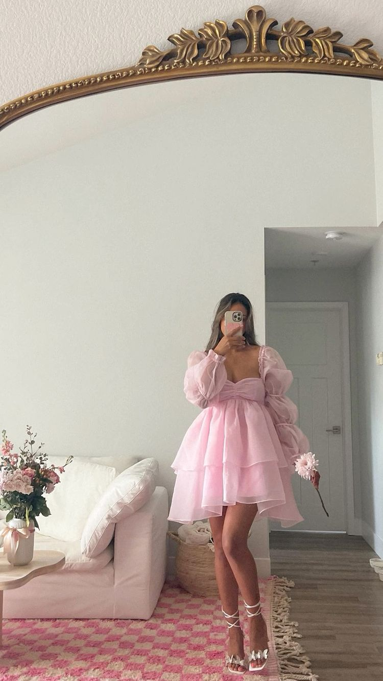 Vestido rosa de corte A con volantes, vestido rosa para fiesta de bienvenida Y2428