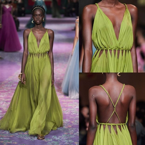 Unique Green V Neck Backless Evening Dress A Line Long Prom Dress Y8467